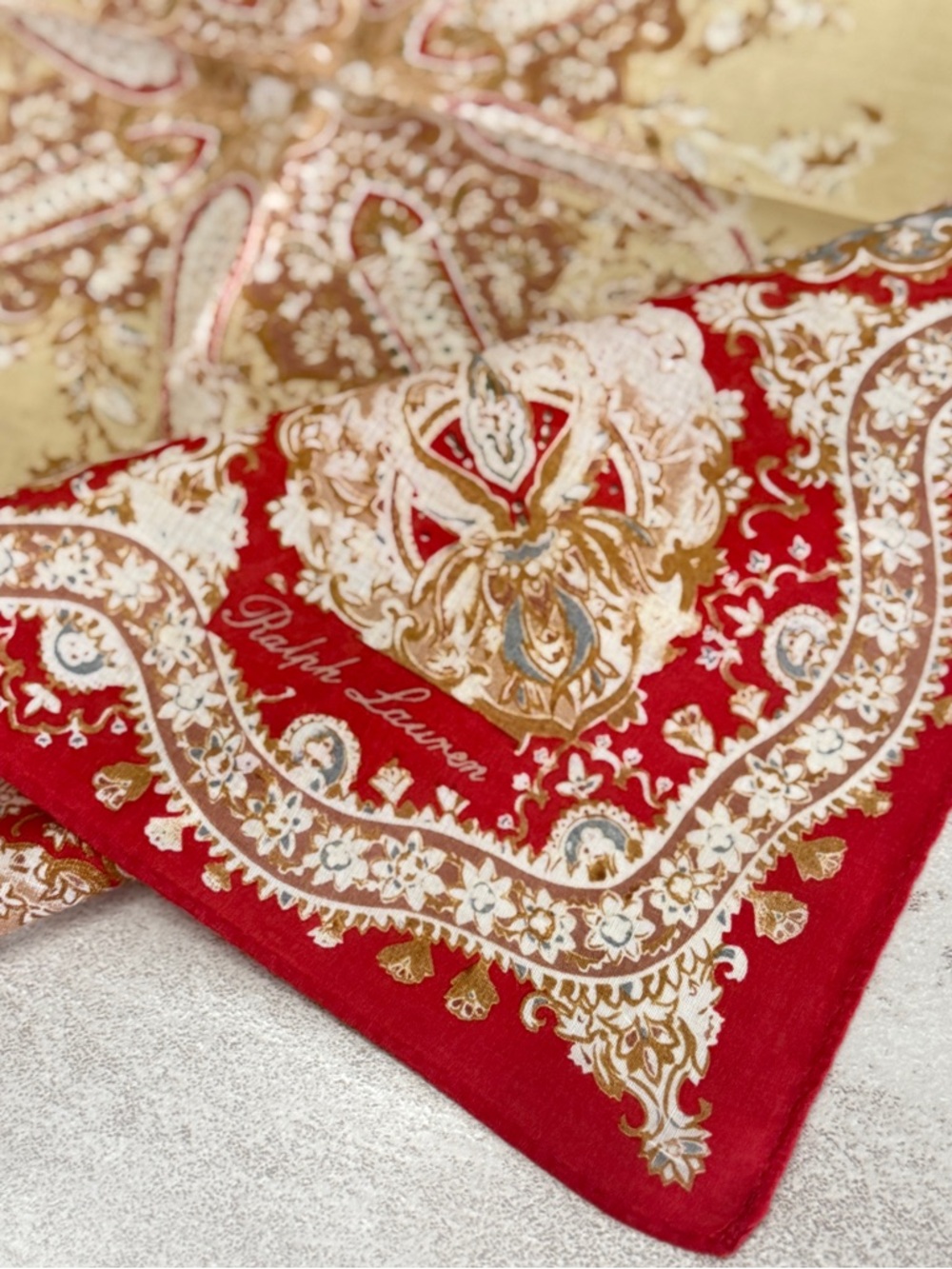 Ralph Lauren Red, Cream & Gold Paisley cotton vintage handkerchief - Picture 4 of 6